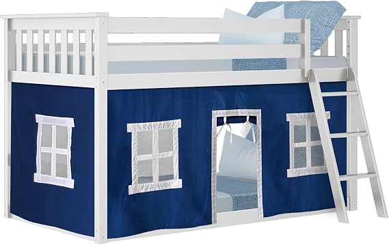 Max & Lily Low Bunk Bed, Twin-Over-Twin Bed Frame For Kids With Curtains For Bottom, White/Blue