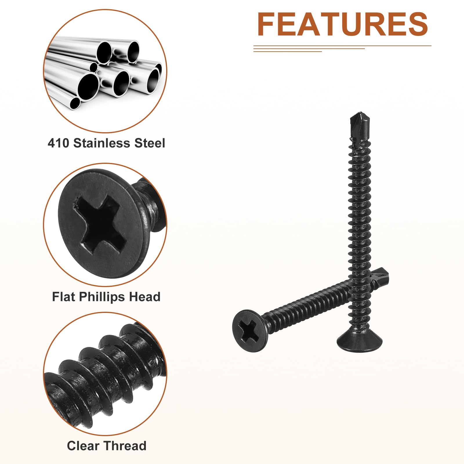 DTGN 100Pcs ST4.2x38mm Self Drilling Screws, 410 Stainless Steel Flat Head Phillips Sheet Metal Screw - Image 4