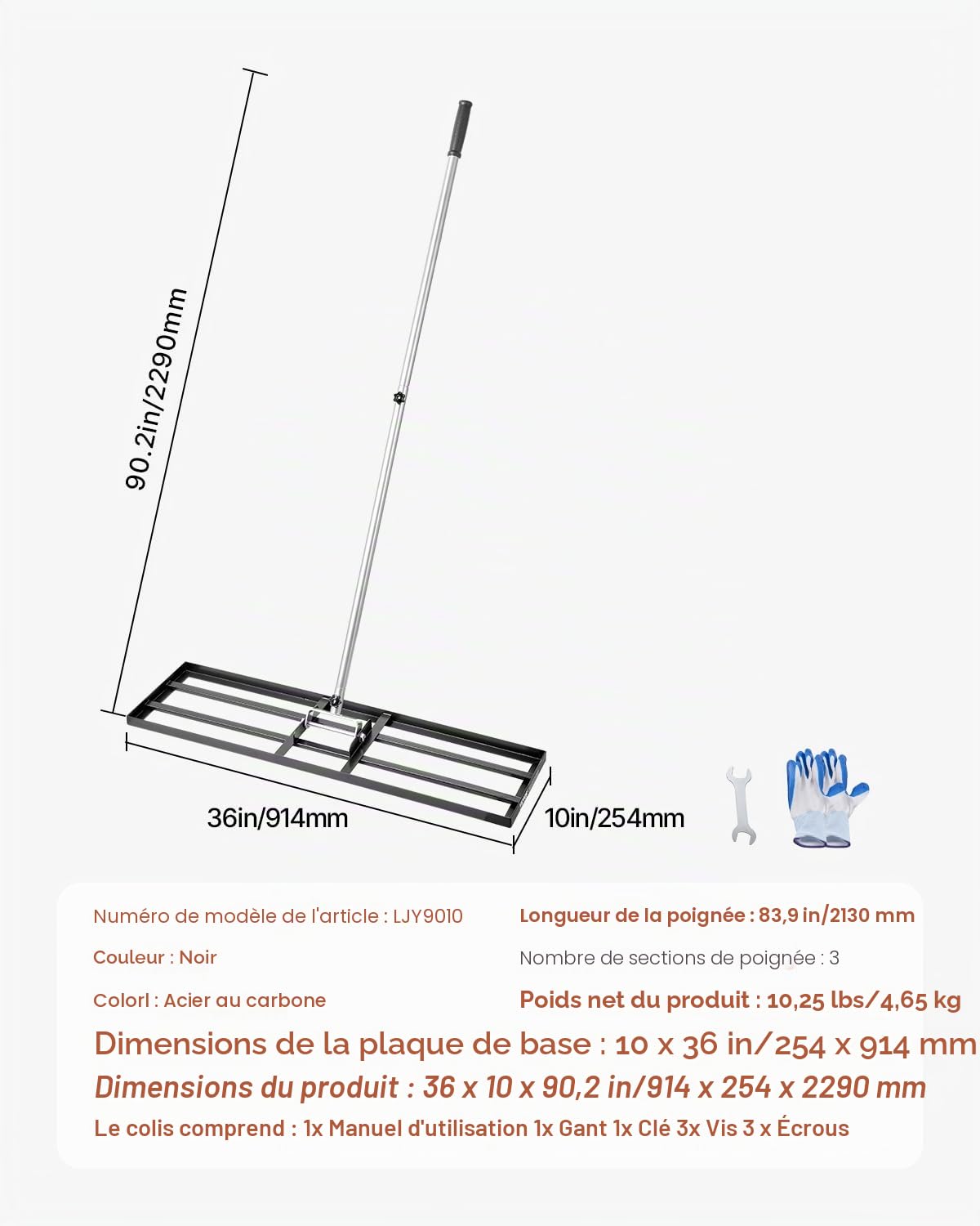 VEVOR Râteau de Nivellement de Pelouse, 914 x 254 x 2290 mm, Niveleur de Gazon, Manche 2130 mm, en Acier au Carbone Résistant à la Rouille, Outil de Nivellement pour Cour, Terrain de Golf, Jardin