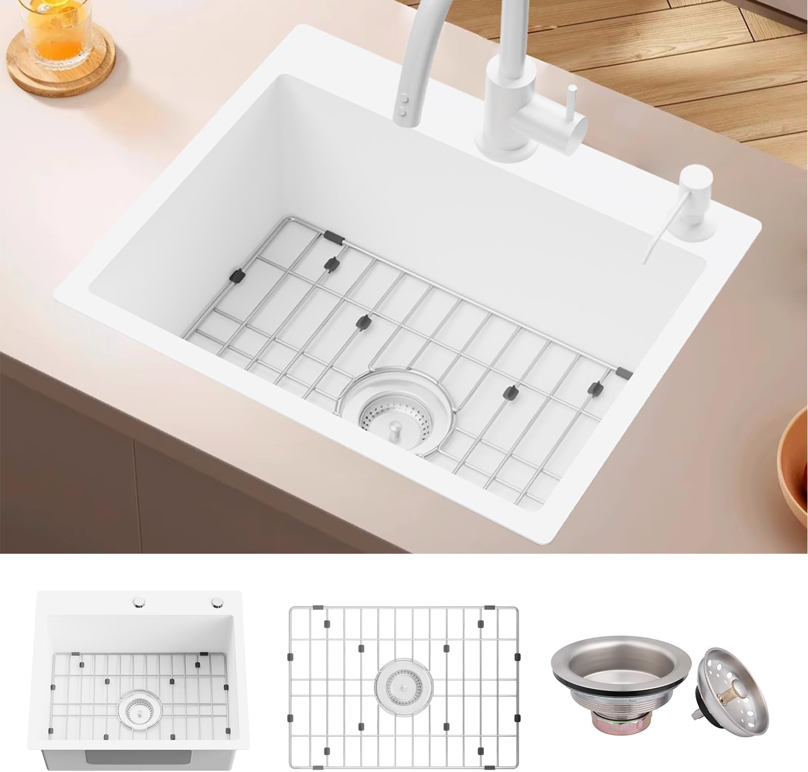 White Kitchen Sink, 22x18 Inch Stainless Steel Kitchen Sink Single Bowl ...