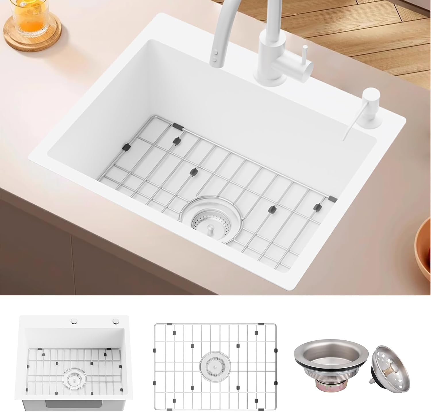 White Stainless Steel Kitchen Sink - 22x18 Inch Single Bowl Topmount With Sink Grid and Drain Assembly - Clean & Bright Bar Sink to Enhance Aesthetic Appeal of Modern Kitchen 22x18In White