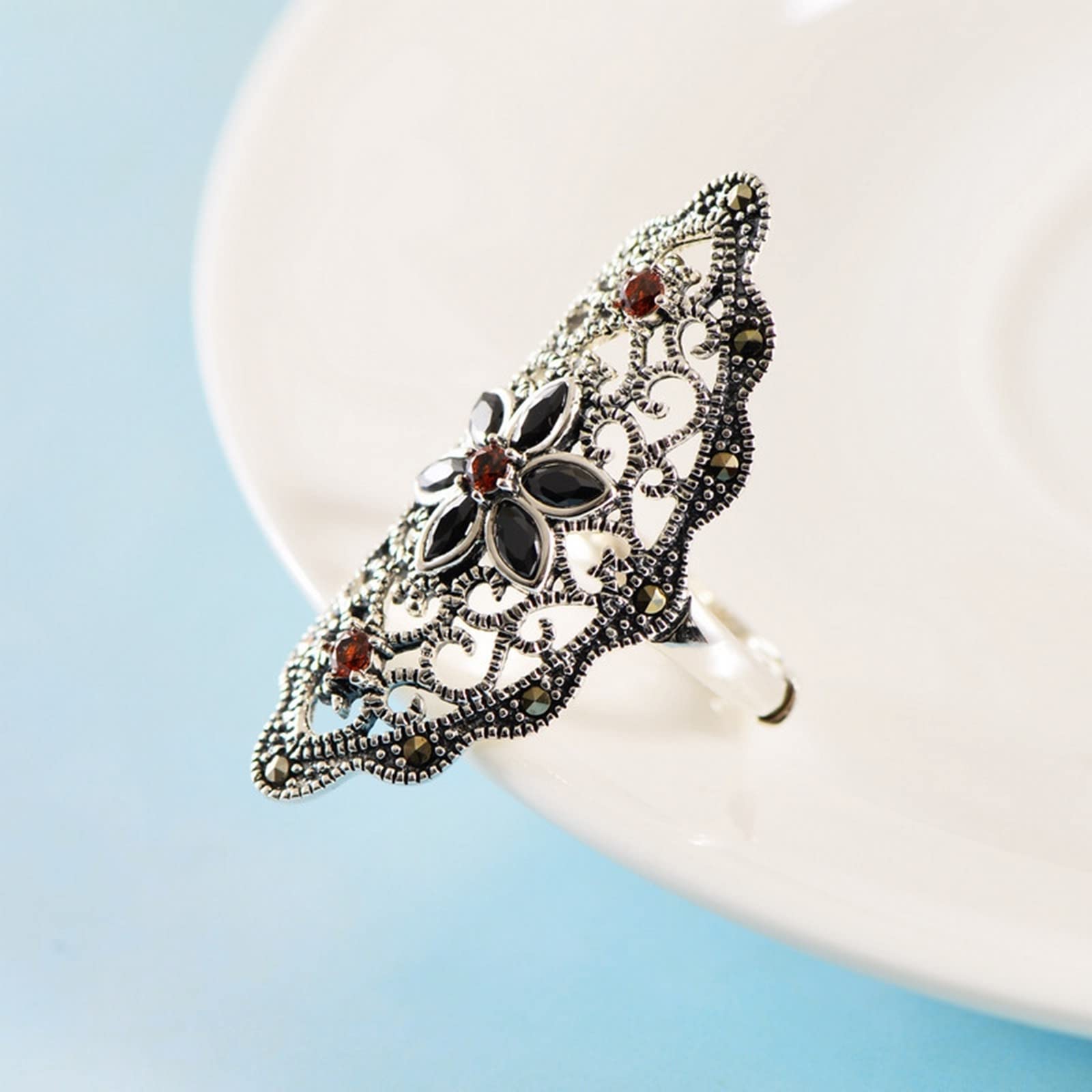 Anello da donna vintage S925 in argento Sterling, argento rosso, anello da donna con zirconi cubici, fiore cavo, regolabile, anello da donna, regalo di compleanno, Réglable, Strass
