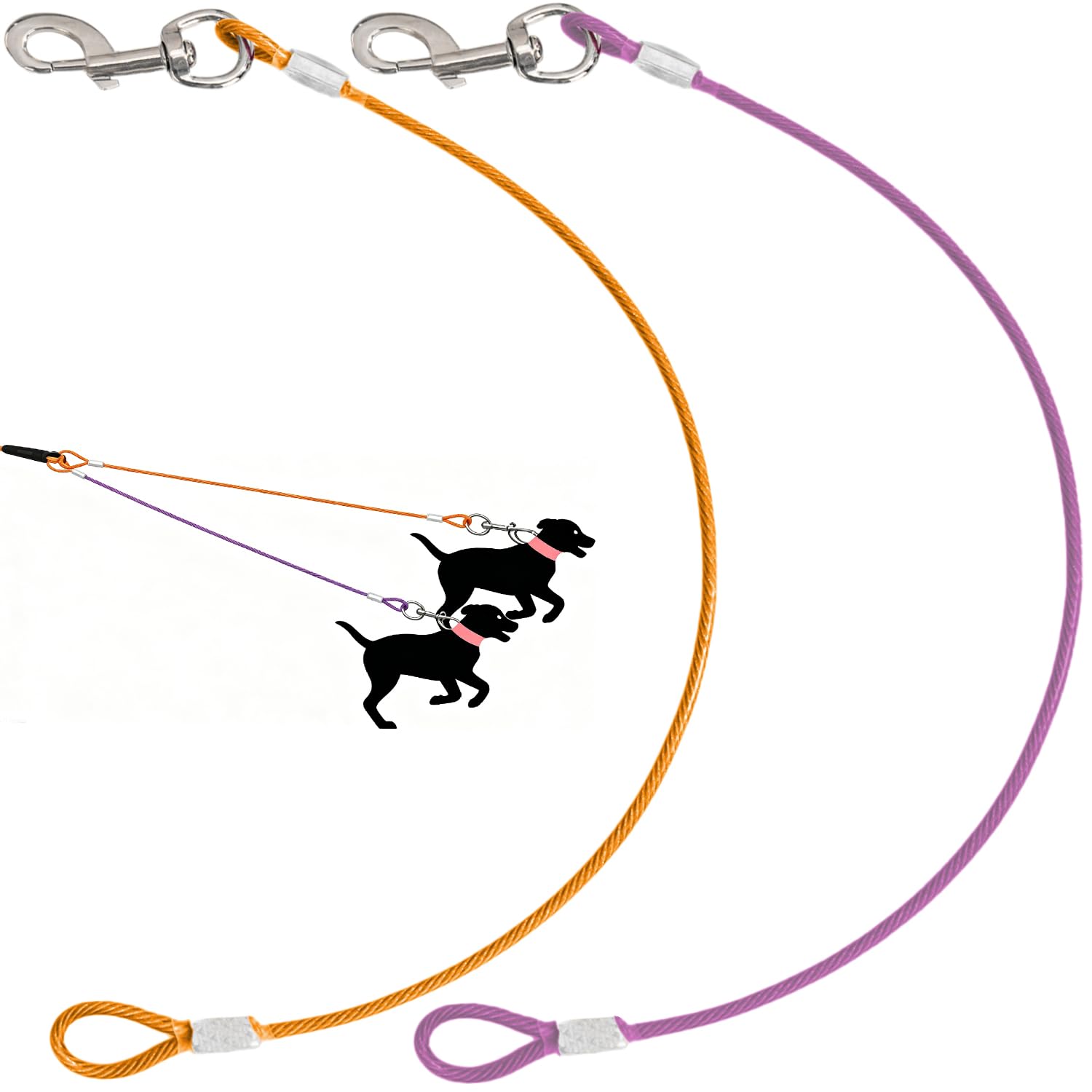 Mi Pupjoy 2 Pack Chew-Proof Dog Leash Extension, Tangle Free Cable Extender for Dogs, Anti Chew Leash Attachment with 360°Rotation Hook, Orange+Purple, 24in/60cm