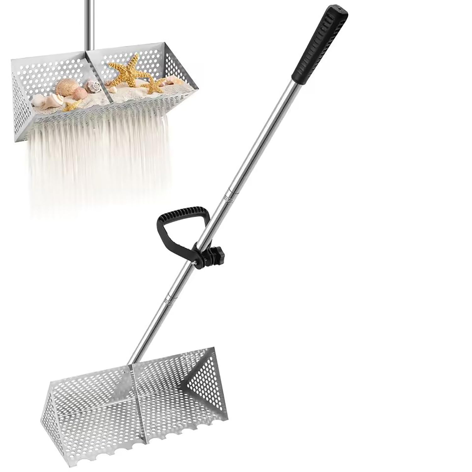 Rastrello per Pulci di Sabbia in Acciaio Inossidabile, Rastrello per telline, Setaccio per Sabbia con Manico Staccabile Lungo 142 cm per Spiaggia e Ricerca d'Oro