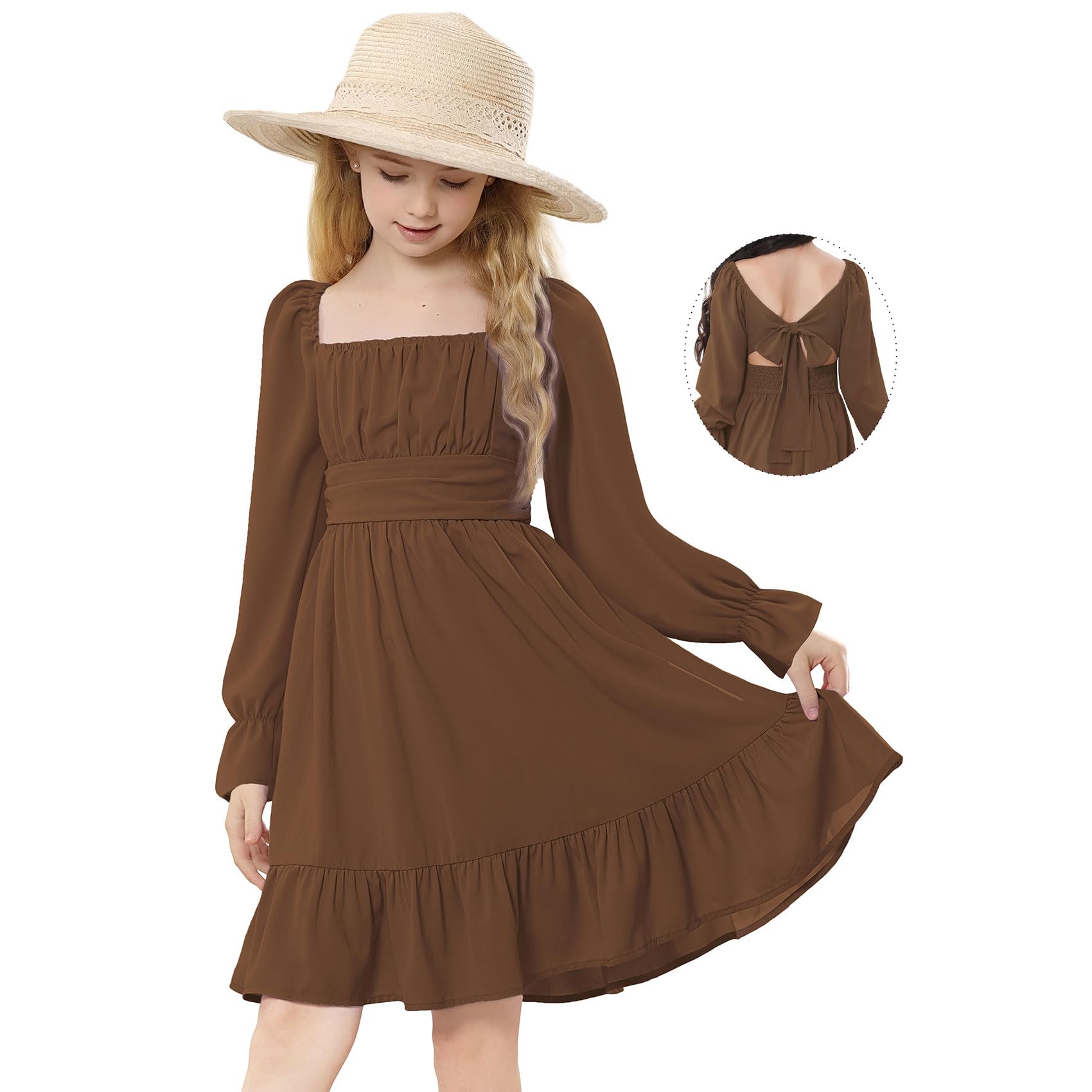 Durio Girls Dresses for Teens Girls Tie Back Off Shoulder Dress Cute Long Sleeve Dress Easter Kids School Party Dance Dresses