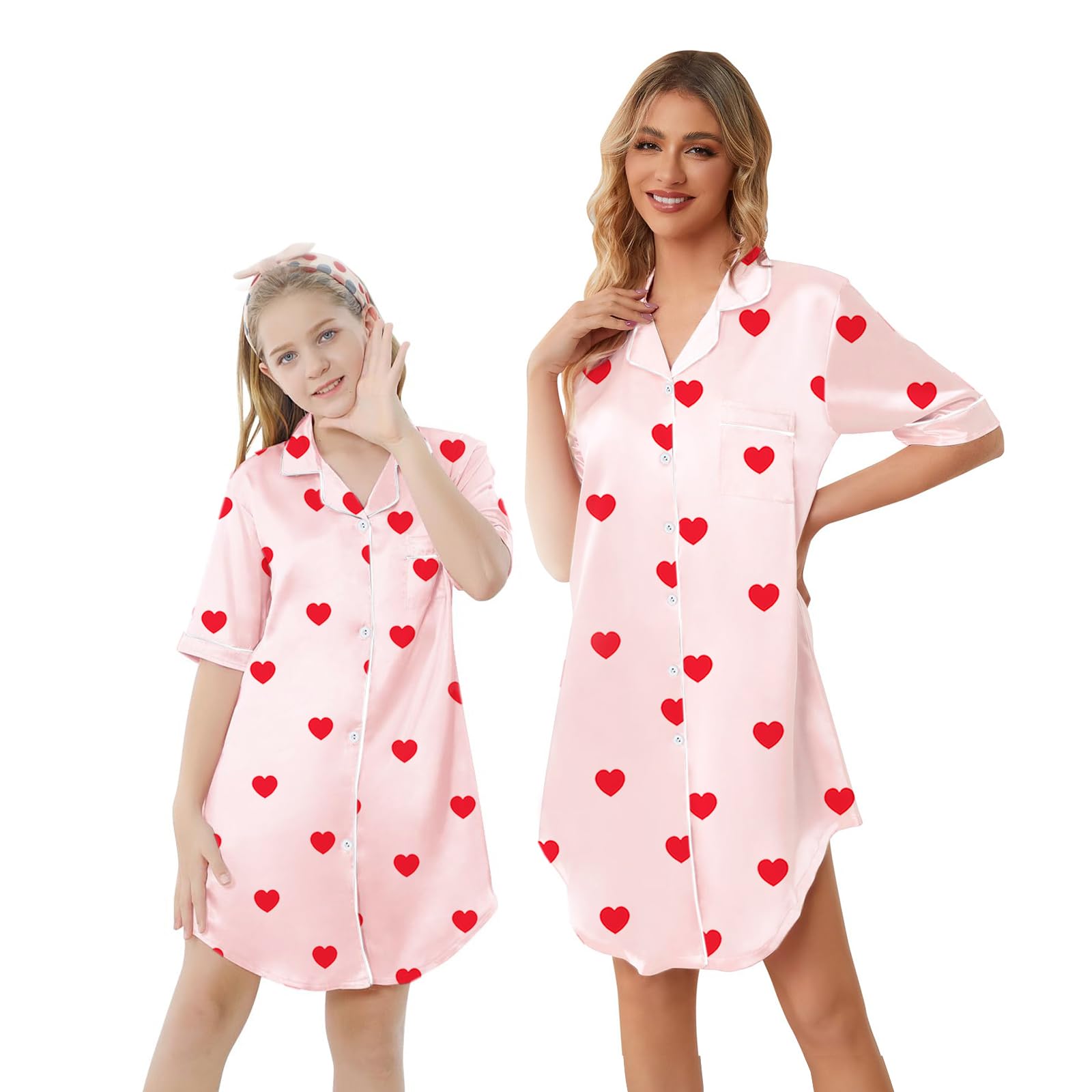 Schbbbta Girls &amp; Women Silk Nightgown, Short Sleeve Button Down Satin Nightshirt Pajama House Dress, 3 Years- Women 2XL