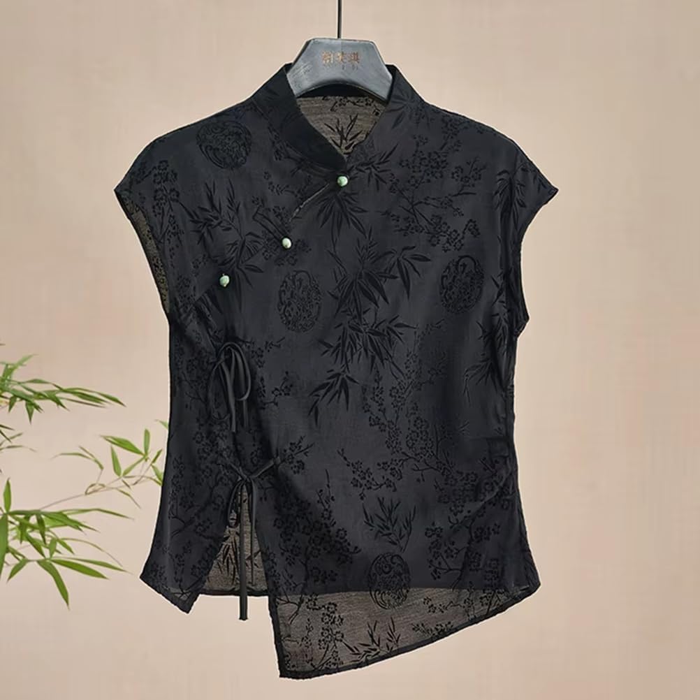 Women's Retro Chinese Style Cheongsam Top Summer Black Jacquard Short Sleeve Button Blouse T-Shirt - Image 4