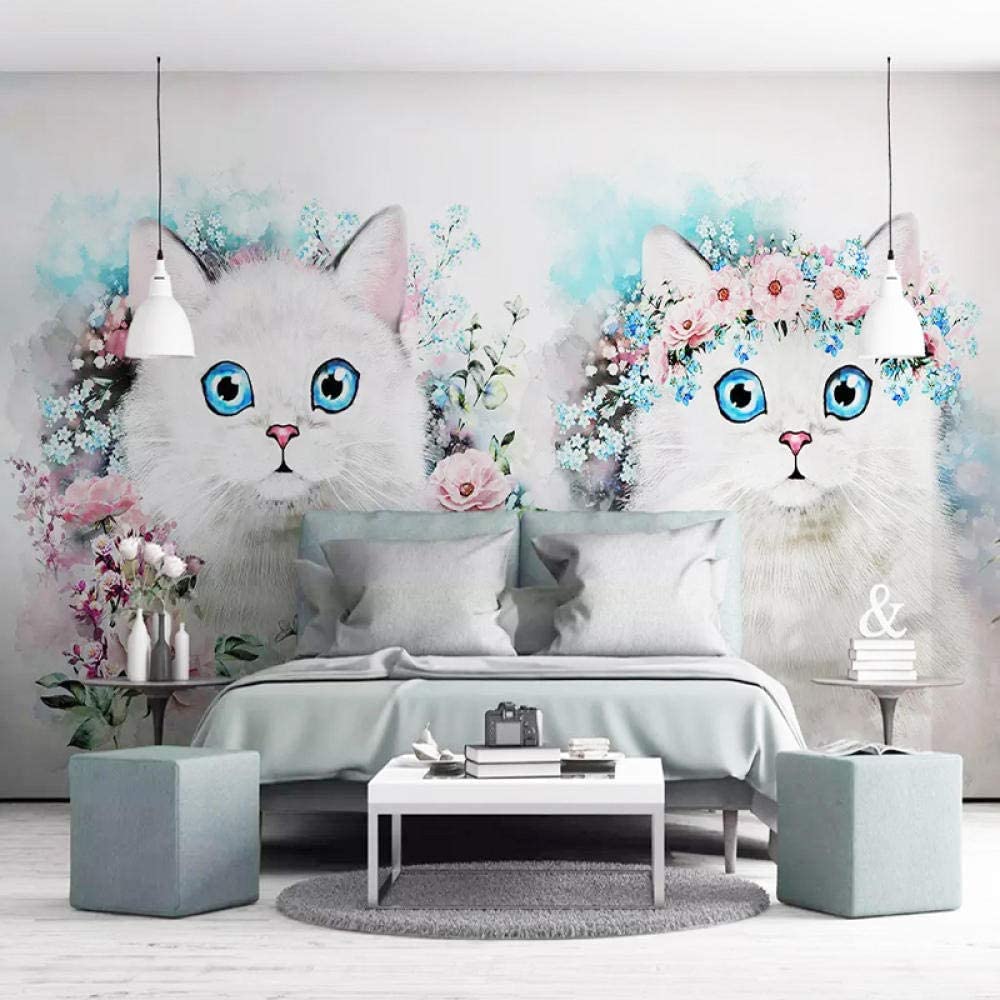 Papel Pintado Tamaño Personalizado Papel Pintado Foto 3D Sala De Estar De Los Niños Animal Flor Pareja Gato Pintura Tv Fondo De Pantalla Para Pared 3D, Para Oficina Dormitorio Comedor Pared Fotos 250