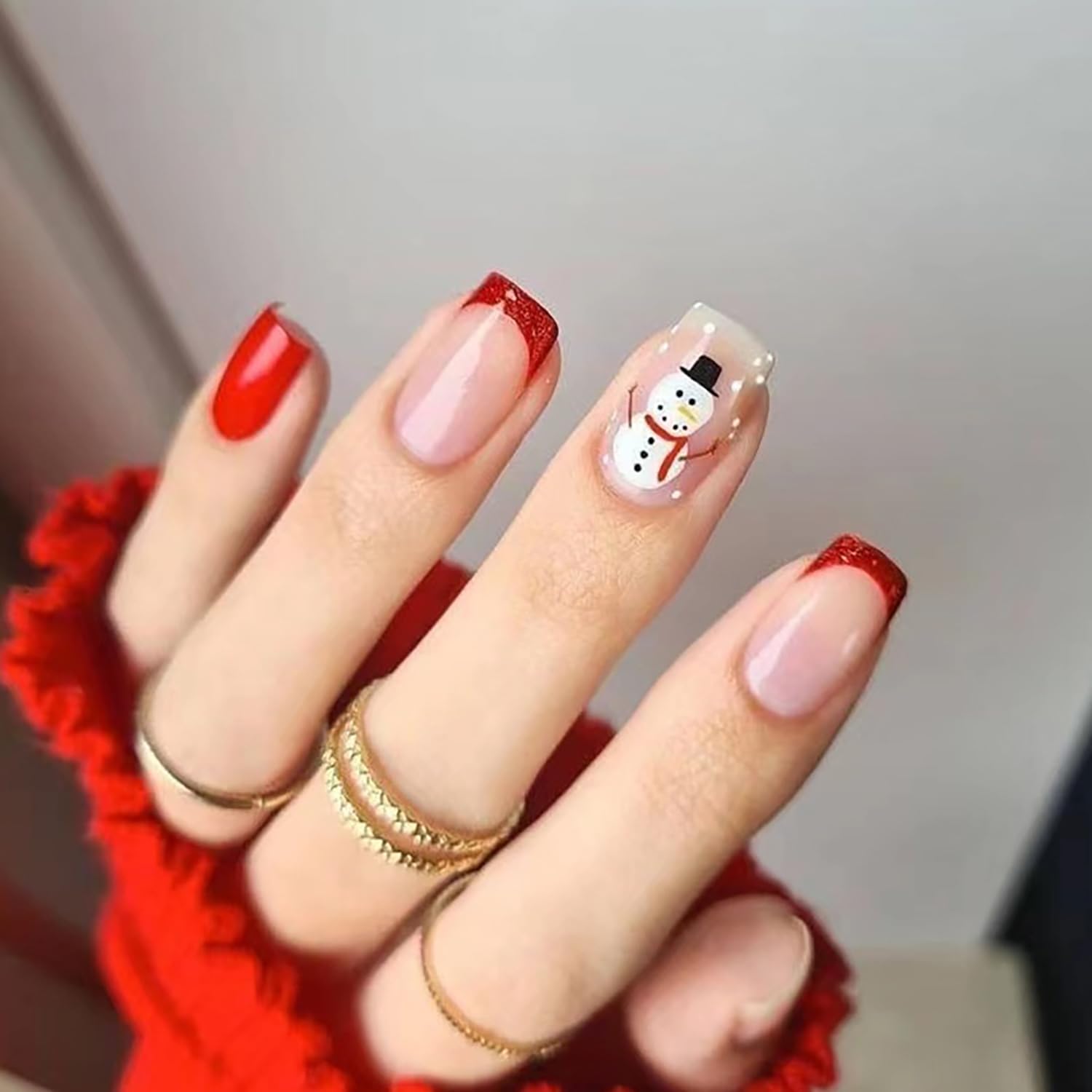 24 Pcs Christmas Press on Nails French Tip Square Fake Nails Red Xmas False Nails with Cute Snowman Desisgns Glossy Full Cover Stick on Nails Glue on Nails for Women and Girls Christmas Nails