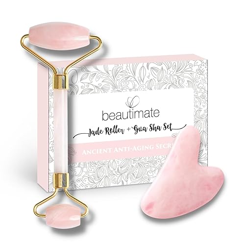 Kit de rodillo de jade rosa de cuarzo y Gua Sha para el cuidado de la piel de la cara, herramienta de escultura de piedra, masajeador guasha de