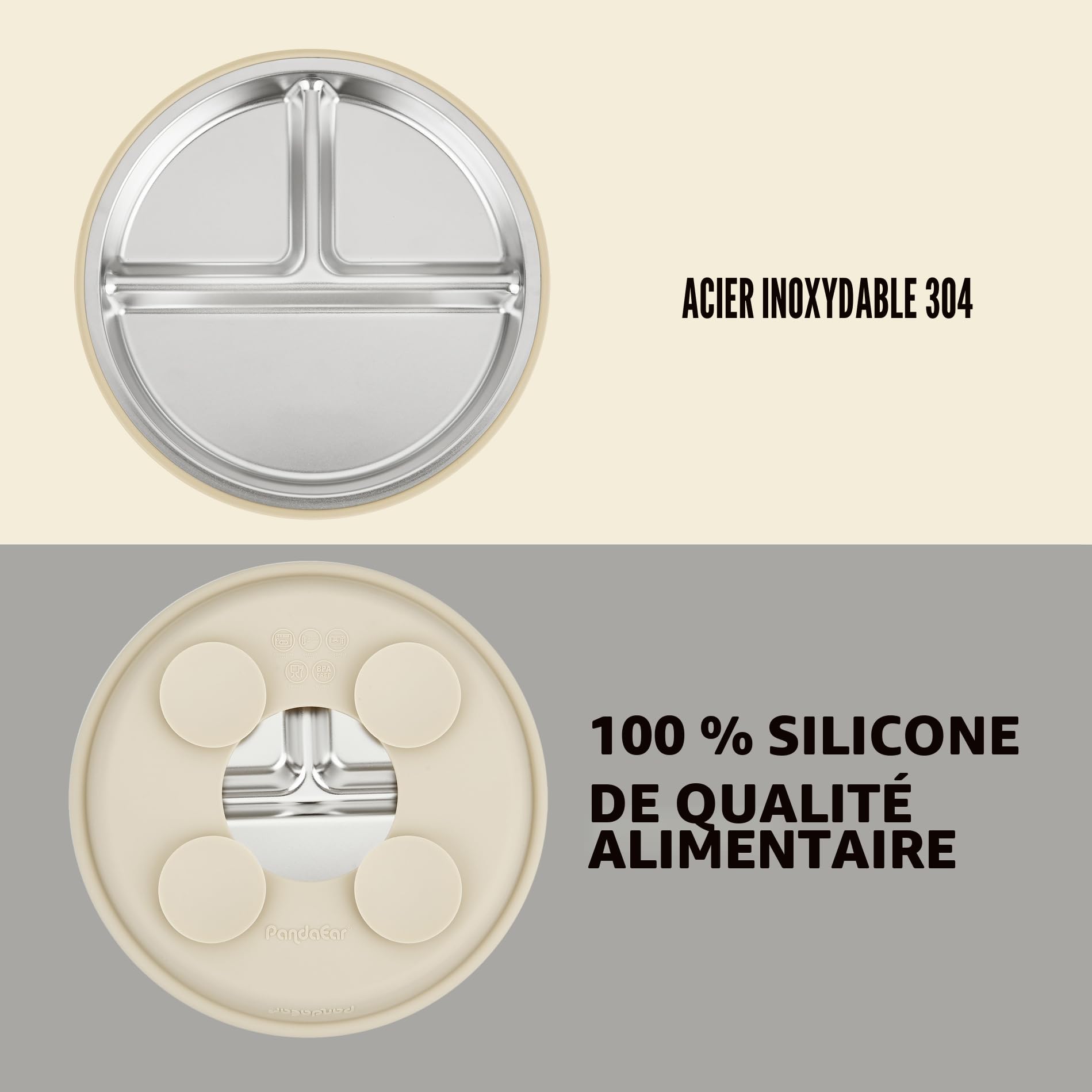PandaEar Set De 2 Assiettes En Acier Inoxydable Avec Ventouse Pour Bébé Et Set De 2 Cuillères Et Fourchettes, Ustensiles Pour Bébé, Assiettes Divisées Pour L'Alimentation Autonome (Beige/Noyer)