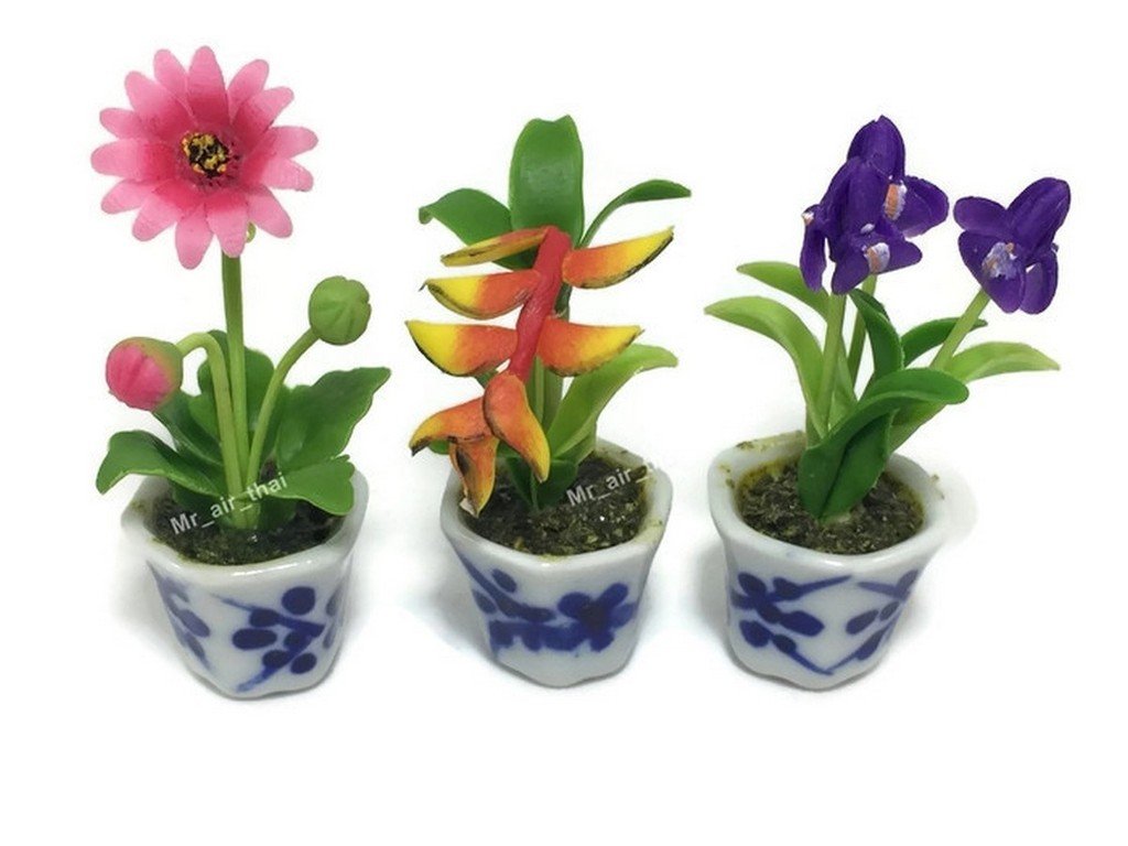 Mr_air_thai_Miniature Cactus and Flower3pc Miniature Clay Dollhouse Fairy Garden Mini Plant Trees Ceramic Paint Furniture Bundles Artificial s Tiny Orchid #088