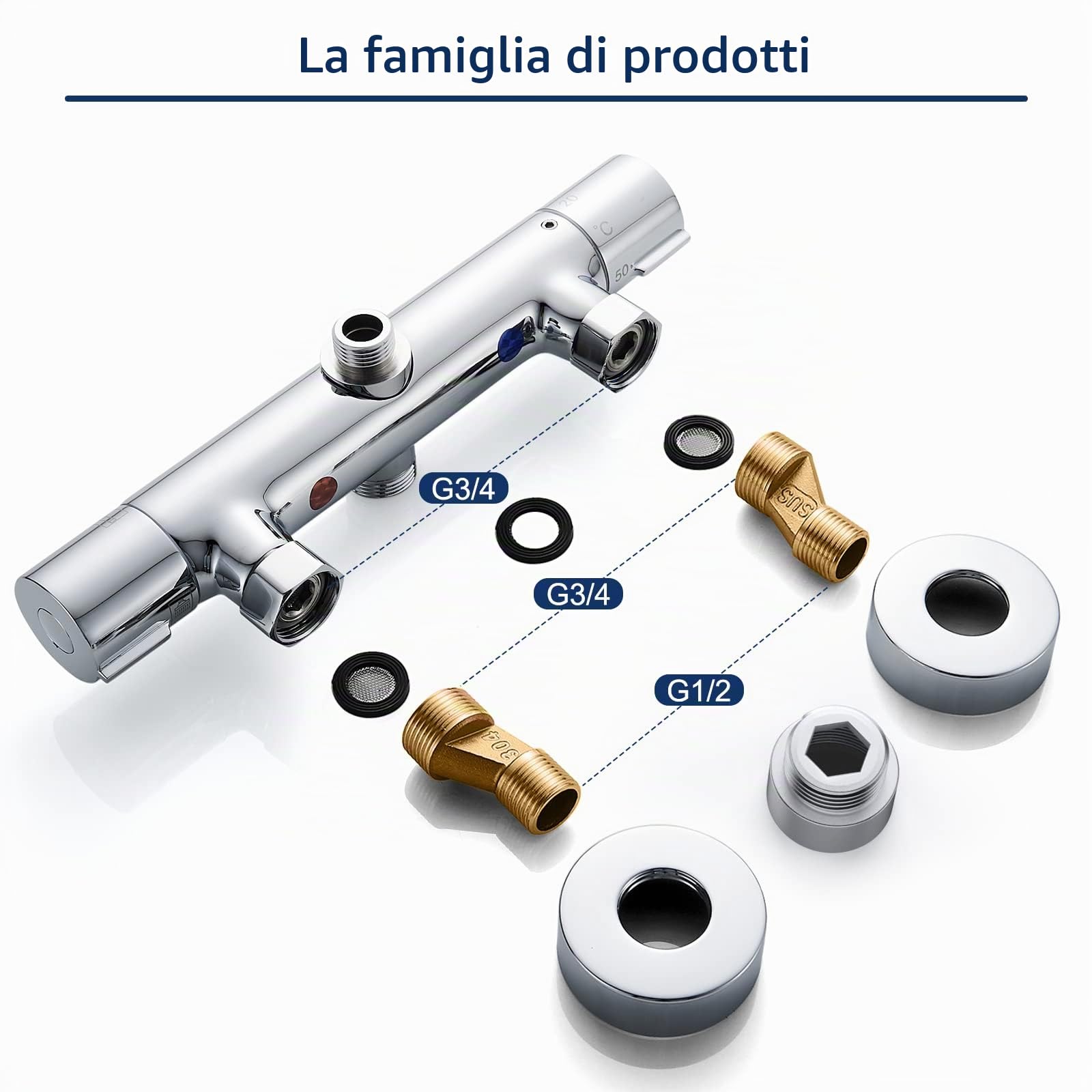 Rubinetto per doccia con termostato, 2 prese, miscelatore, superiore a 3/4 "BSP+" inferiore 1/2"BSP, pulsante di sicurezza a 38 °C, in ottone