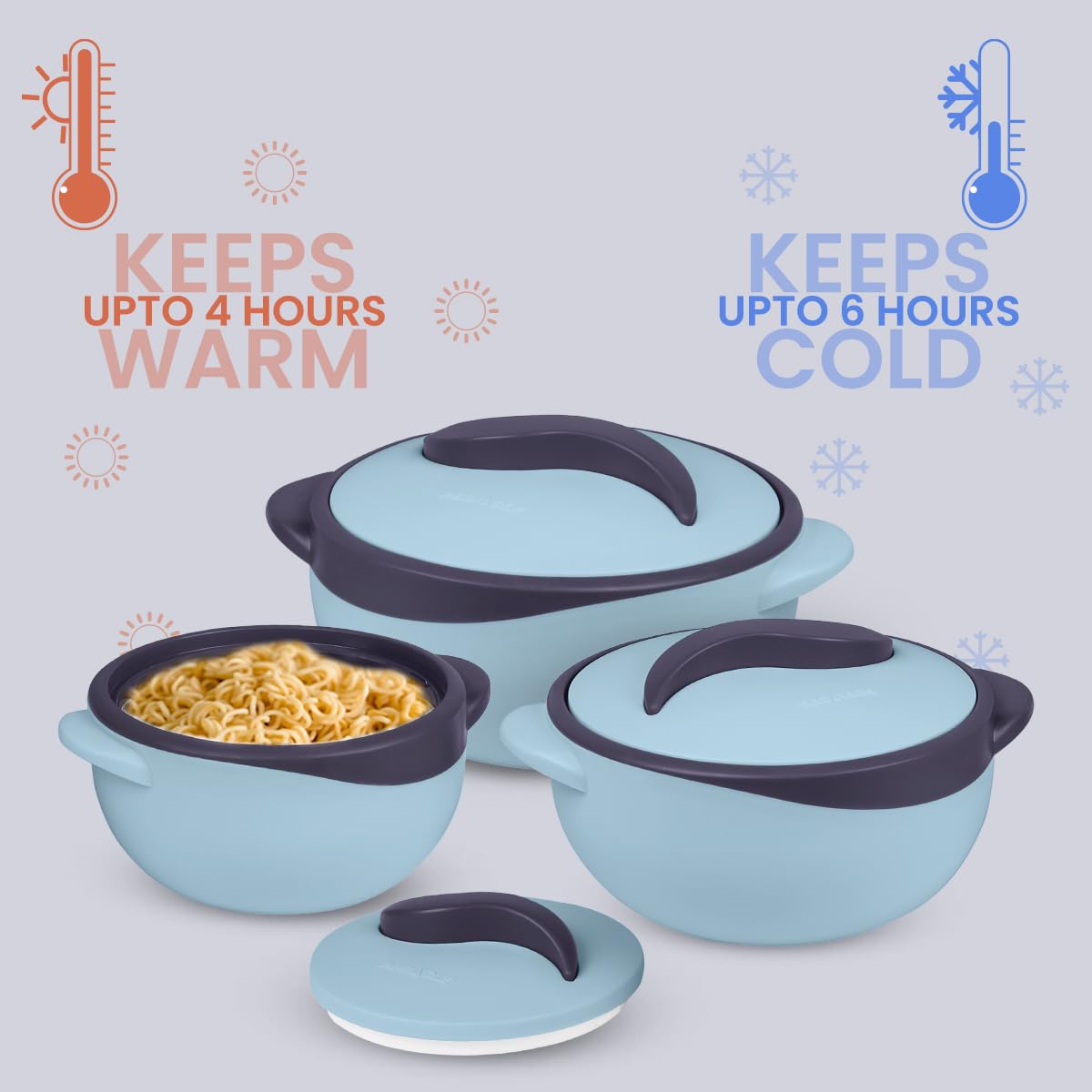 Pinnacle Cacerola aislada con tapa, juego de 3 piezas de 2.6/1.5/1 cuarto de galón. Calentador de alimentos caliente/enfriador – Cuenco térmico para servir sopa/ensalada - Recipiente de acero