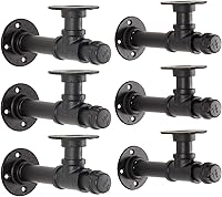 YCCO Industrial Pipe Shelf Brackets 6.7" Heavy Duty Black Iron L-Shaped 6 Pack for 6-12" Floating Shelves & Clothing Racks