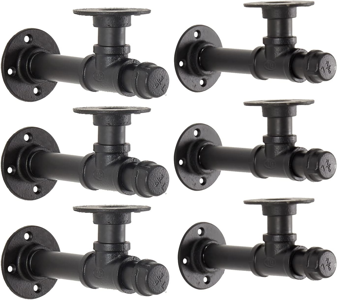 Industrial Pipe Shelf Bracket 6.7",Iron L Pipe Shelving Wall Floating Shelf Bracket for 6-12" Board,Industrial Pipe Shelves Heavy Duty Black Metal Pipe Clothing Rack 6 Pack, Include Accessories