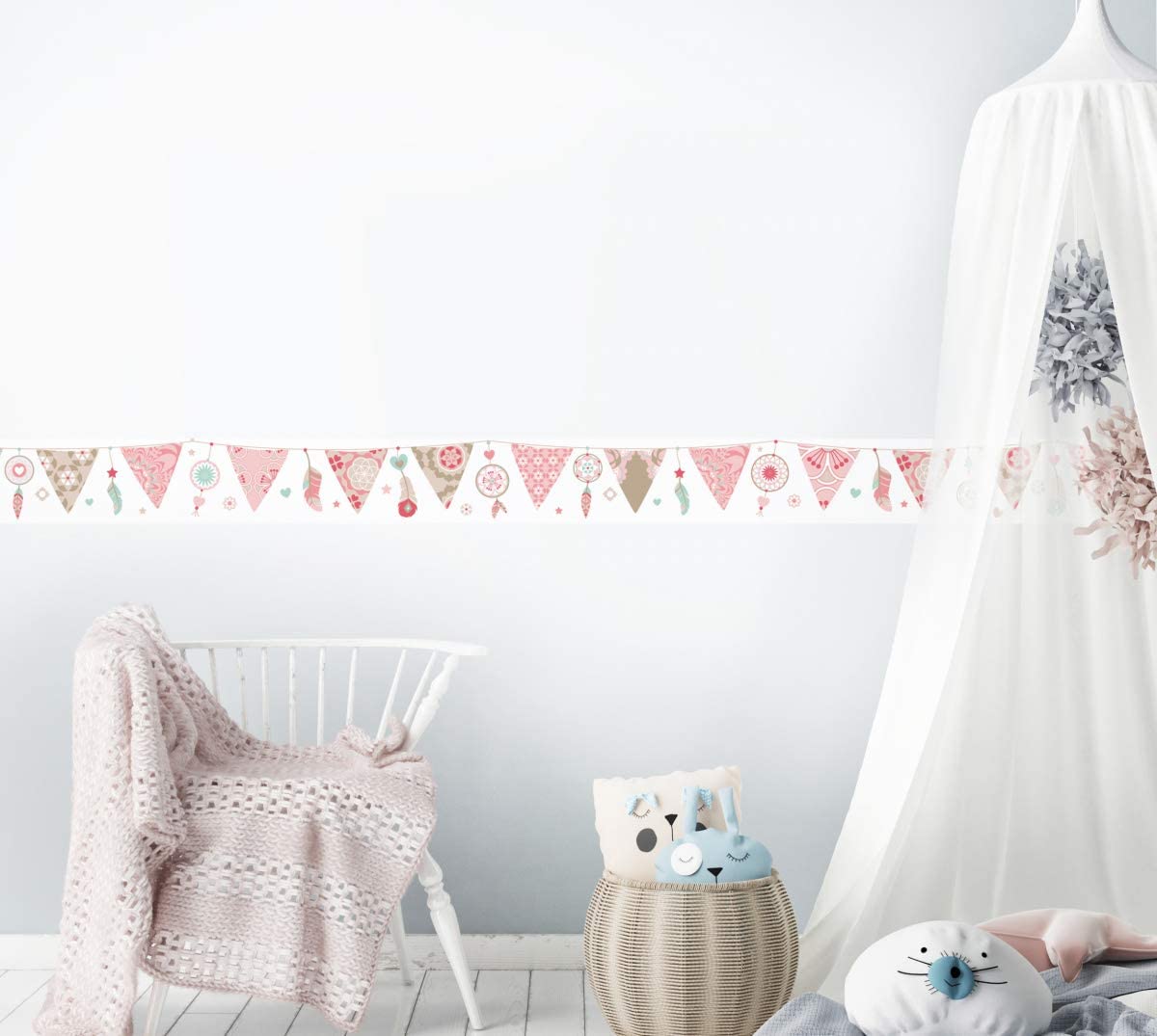 Bordüre selbstklebend TRAUMFÄNGER ROSA BEIGE - Wandbordüre Kinderzimmer Babyzimmer mit Wimpel - Wandtattoo Schlafzimmer Mädchen – Wanddeko Baby Kinder