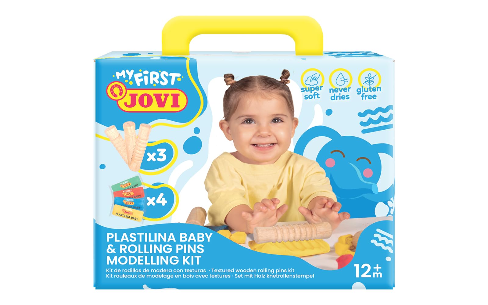 Jovi Baby Clay – My First Modelling Kit, 38 g Bars 4 Assorted Colours + 3 Wooden Rollers, Gluten-Free, Does Not Dry, for Children from 12 Months (374RP)