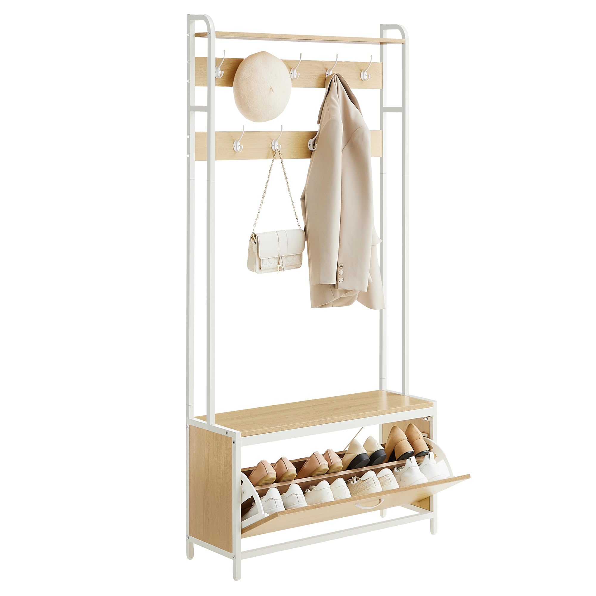 VASAGLE Garderobenständer mit Schuhschrank, Garderobe mit Sitzbank, Kleiderständer, Schuhkipper, 9 Haken, obere Ablage, für Flur, Schlafzimmer, modernes Design, eichenfarben-weiß HSR405W09
