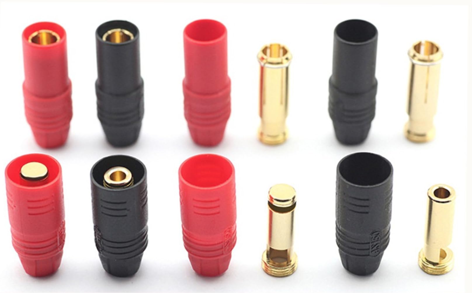 2 X Set (16 pezzi) Rosso Nero Alta Corrente AS150 Premium Antiflash 7 mm Connettore Oro Spina Inversione di polarità Maschio Female Rosso Nero 150A Batteria Lipo RC Saldatura