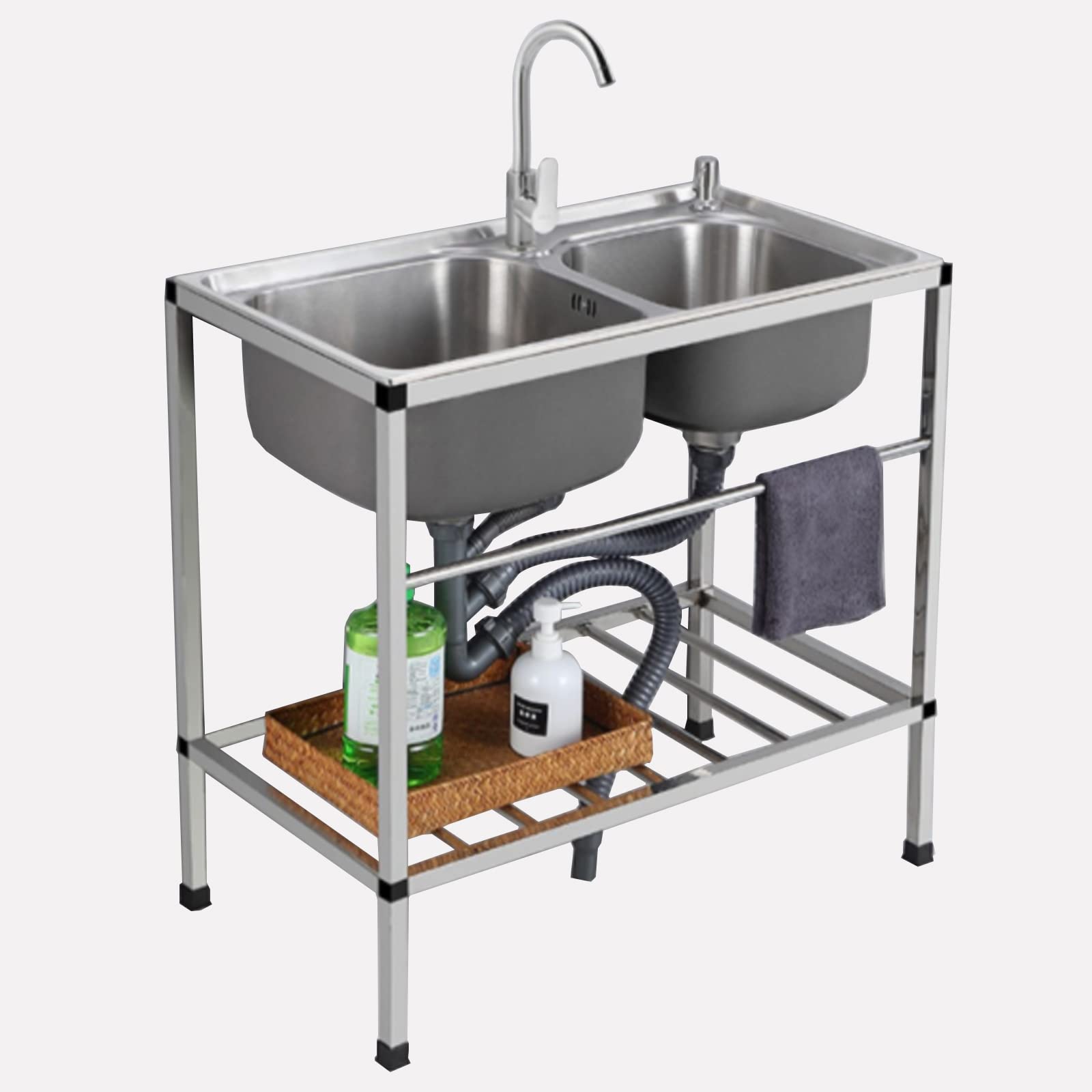 YNIYUJKL 2 Compartment Stainless Steel Sink Free Standing Commercial Kitchen Prep & Utility Sink For Garage, Restaurant, Kitchen, Outdoor
