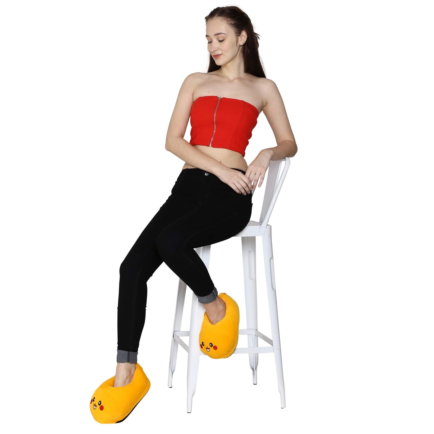 Qualtos Smiley Warm Shoes Pika Emoji Indoor Bedroom Slipper Free Size Funny Soft Plush for Adults Kids Teens Poop Comfy Girls Women Non-Skid Footpads Pikachu 4 61OVPATm7SL. SL1500