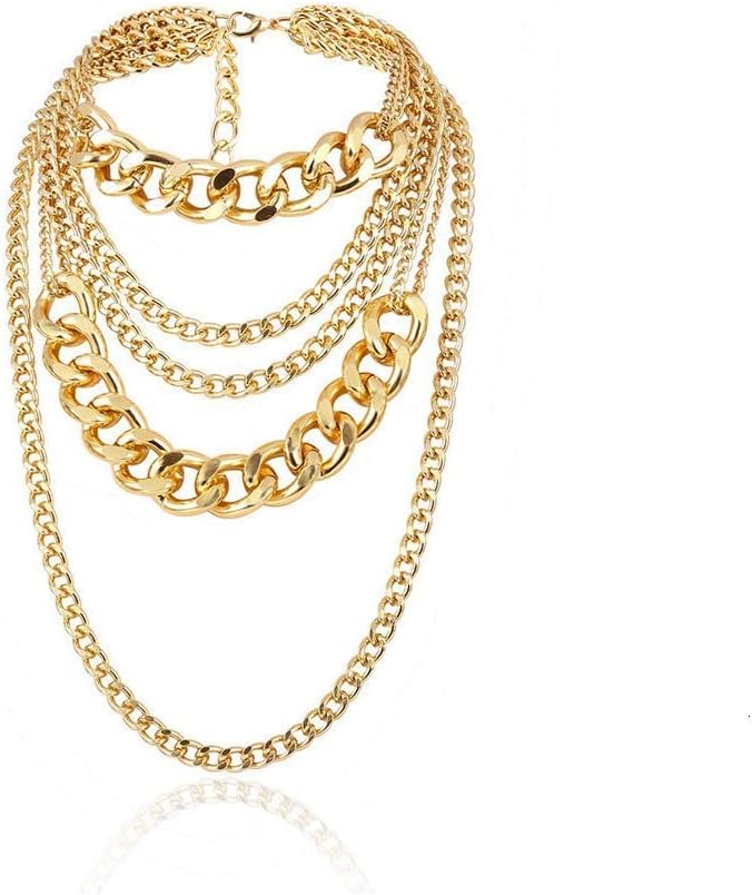 Punk Exaggerated Chunky Collar Necklace Multi Layered Thick Cuban Link Long Chain Choker Necklace for Women Party Body Jewelry (Gold)