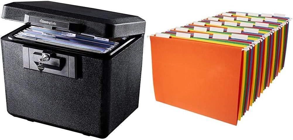 SentrySafe 1170 Fireproof Box with Key Lock 0.61 Cubic Feet,Black & AmazonBasics Hanging Organizer File Folders - Letter Size, Assorted Colors, 25-Pack