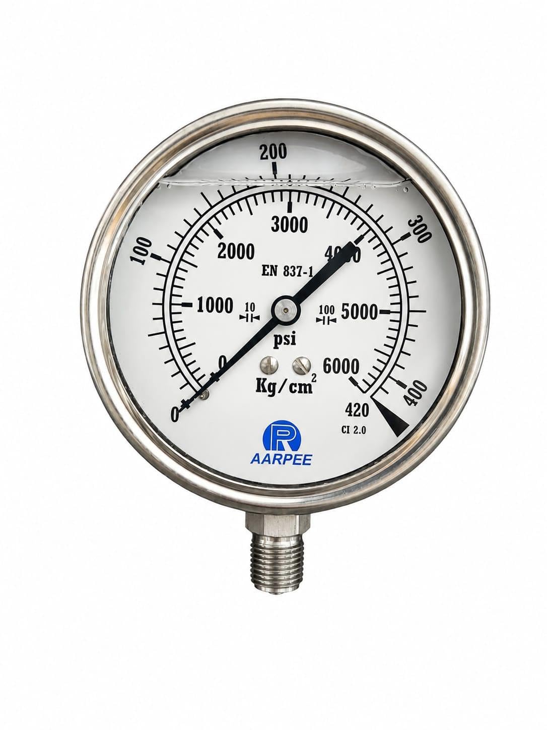 Hydraulic Pressure Gauge, 0-6000 PSI (0-420 Kg/cm²), SS316 Tube SS304 Body, Glycerine filled, Accuracy +/-2% F.S., Make : AARPEE, 100mm, Bottom Entry, 1/4" NPT-image-17