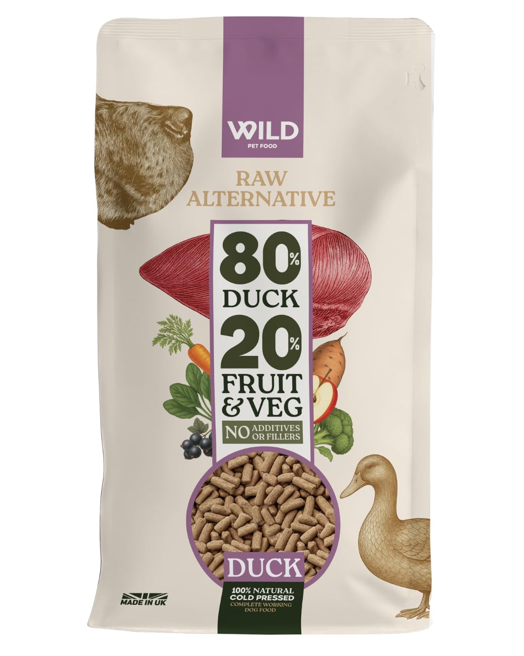 Wild Pet Food - Duck (2.5 kg) Dog Food Dry, Grain-Free and 80:20 Cold Pressed, Low Fat, High Protein and Nutritionally Complete - Hypoallergenic Dog Food, Gastrointestinal - Adult or Puppy