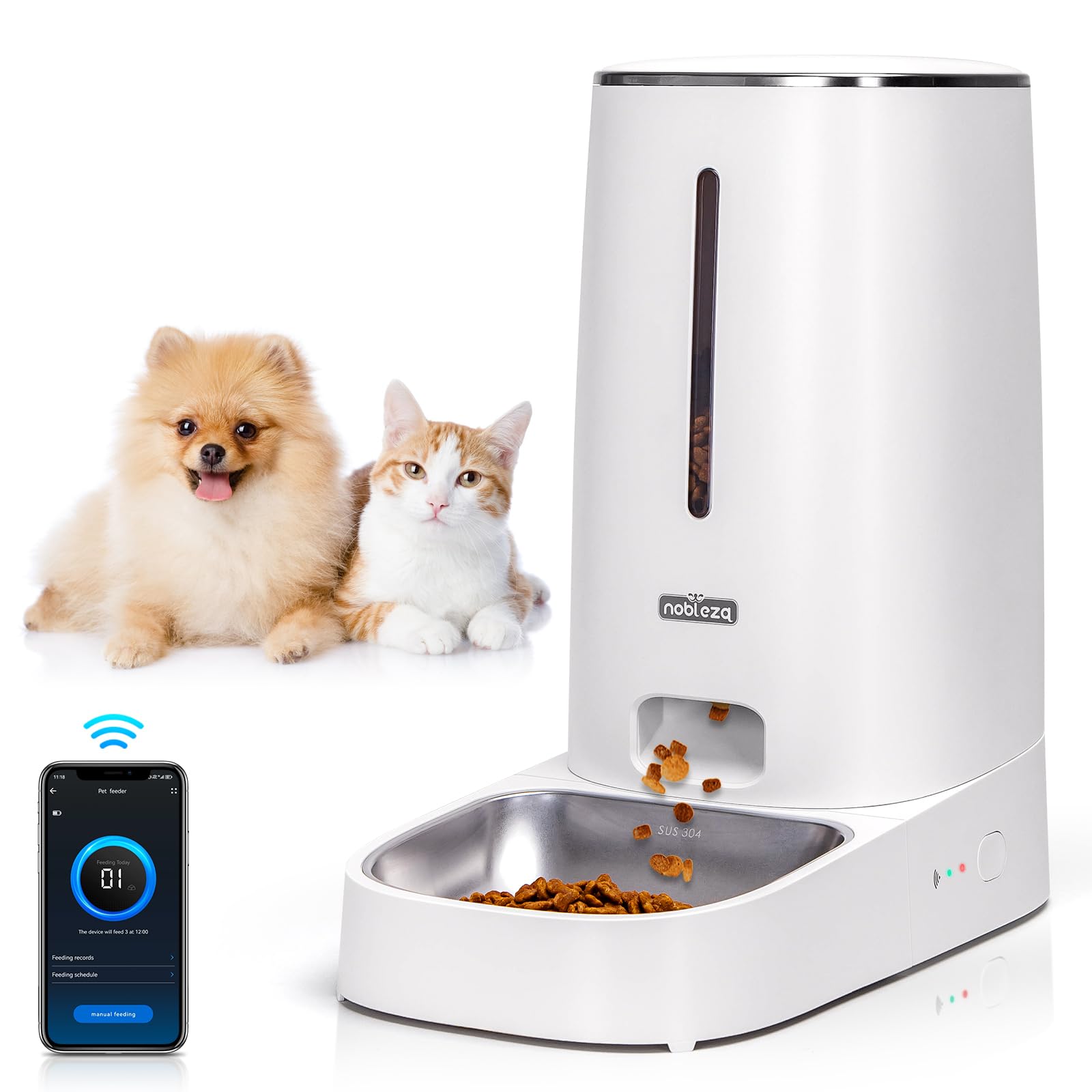 Nobleza - Distributore Automatico di Cibo per Gatti Cani, 2.4G WiFi Dispenser Crocchette Cibo Cani Automatico, 4L Dispenser Cibo Gatti con Timer, Registrazione di 10S, 1-10 Pasti al Giorno