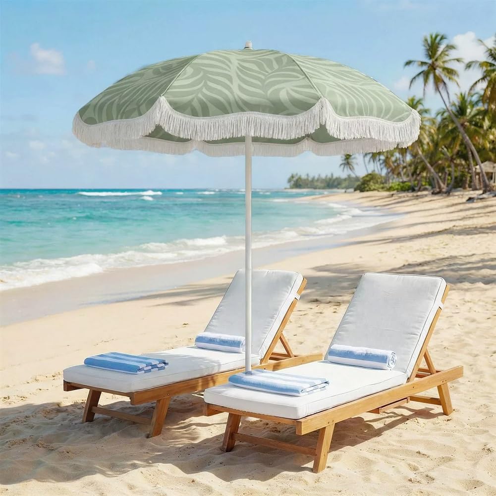 200 cm Parasol Plażowy w Boho z Frędzlami, Przenośny Nachylenia Parasol Przeciwsłoneczny z Nadrukiem i Torbą Transportową, UPF30+ do Ogrodu, Basenu