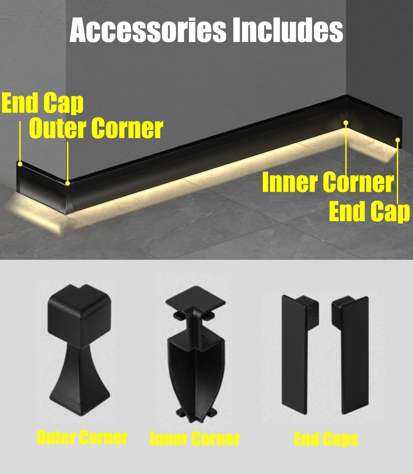 Rodapié de zócalo LED de montaje en superficie, perfil de aluminio de iluminación indirecta de piso interior for pasillo de cocina de dormitorio, canal difusor de tira LED(2.5m)