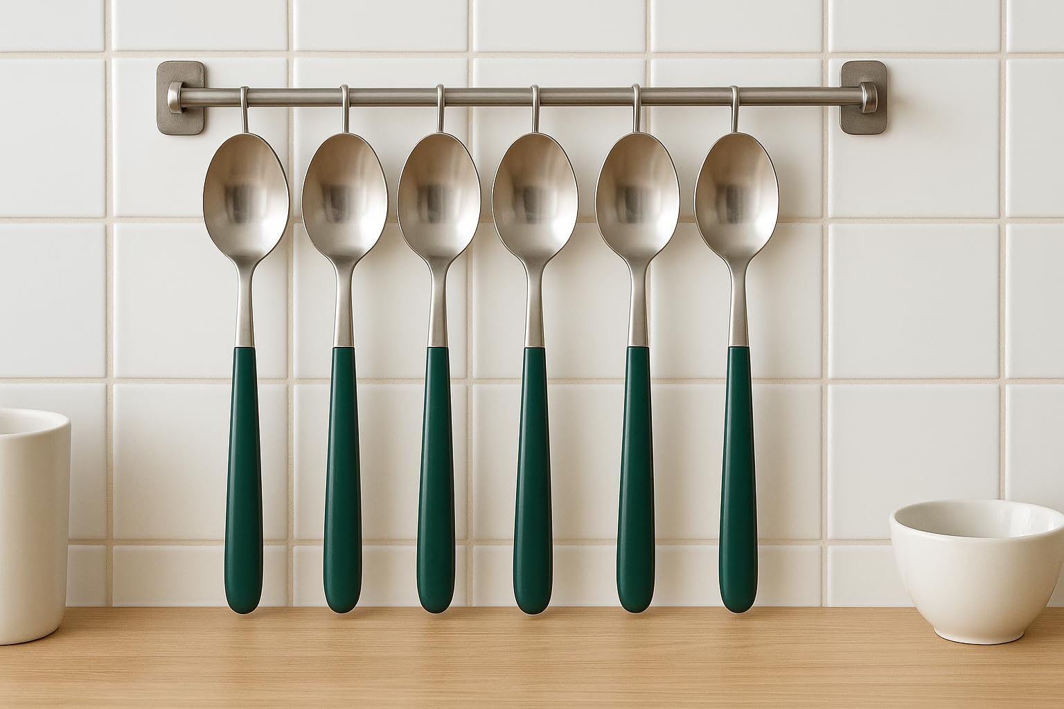 NEERAK Long Handle Spoon, Stainless Steel Coffee Spoon Ice Cream Spoon with Ceramic Handle, Colored Stirring Spoon for Tea Cocktail (Pack of 6) Green