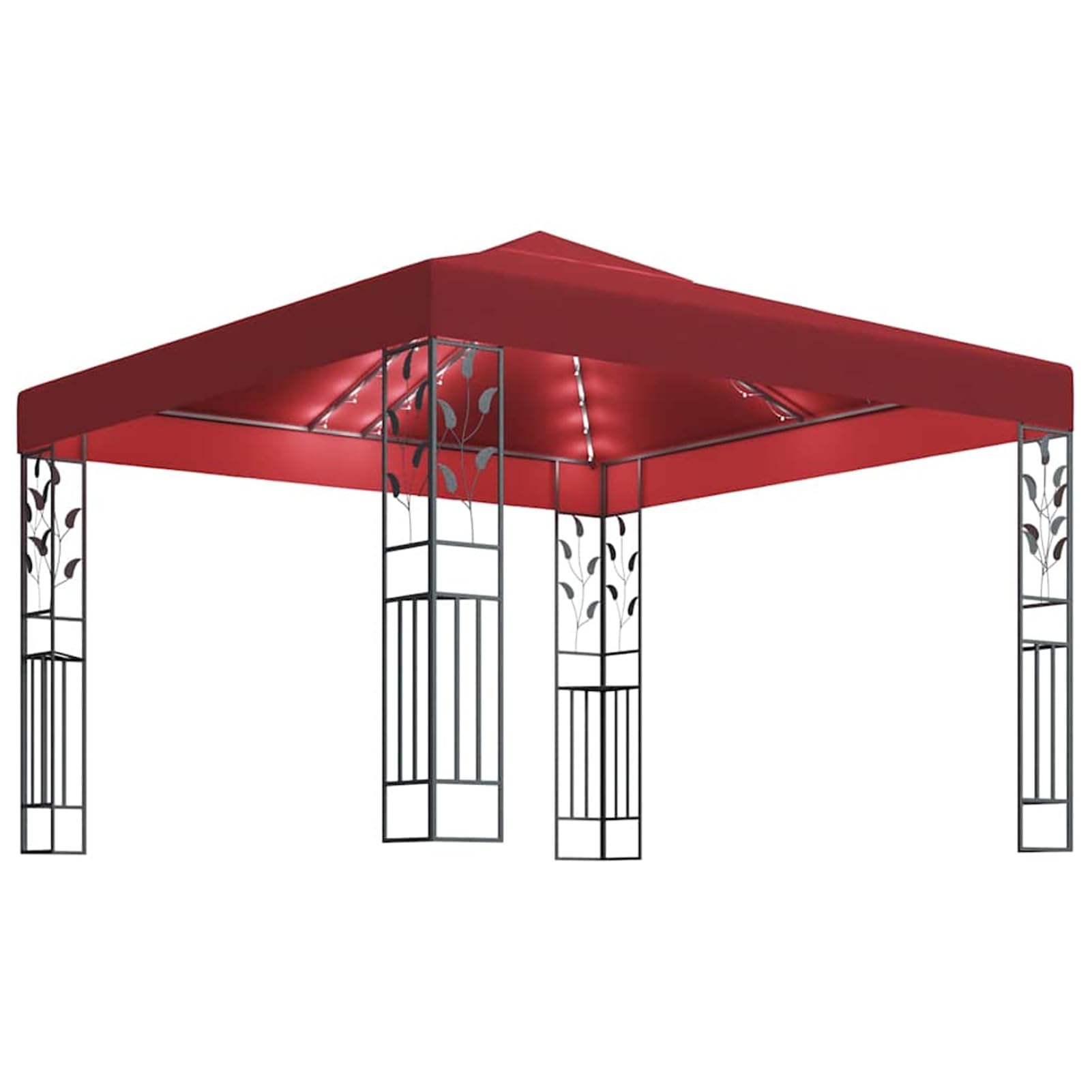 Pawilon ogrodowy 3 x 3 m z solarnym łańcuchem świetlnym LED, czerwone wino, malowana proszkowo rama stalowa, tkanina poliestrowa powlekana PA, na wieczory przy grillu i uroczystości rodzinne