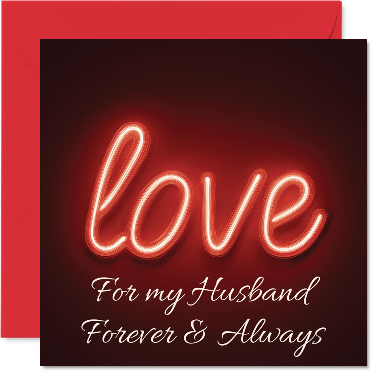 Romantic Anniversary Card for Husband - Bold Neon 'Love' Design - Striking Red and Black Motif with Heartfelt Message, Valentine's Day - 145mm Square, Envelope Included