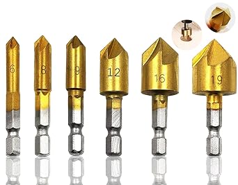 Countersink Drill Bit, Baban Countersink Drill Bit Set 6 Pcs 1/4 Hex Shank HSS 5 Flute Countersink 90 Degree Center Punch Tool Sets for Wood Quick Change Bit 6mm-19mm