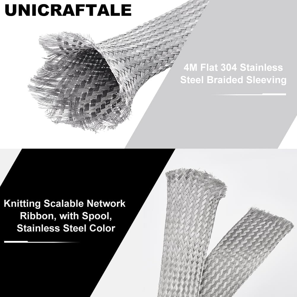 UNICRAFTALE 1" Wide Stainless Steel Braided Sleeving Braid Cable Wire Shielding Sleeve Ground Straps Protection Flat Metal Mesh Flexible Expandable Scalable Ribbon Wire for Protect Cable 13.12 Feet
