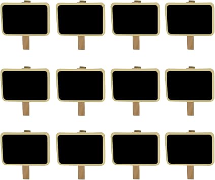 12 Mini Retangle Chalkboard Blackboard with Wooden Clip Message Board Signs and Labels Clips