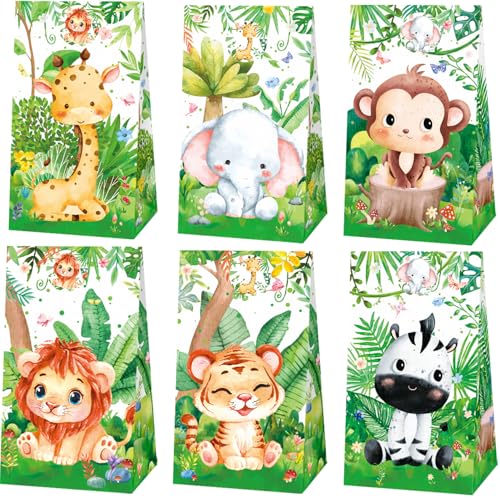 24 Pcs Jungle Animals Party Favor Bags with Stickers - Safari Goodie Bags- Zoo Animals Print Gift Treat Bags - Wedding Birthday Jungle Themed Birthday Party Supplies