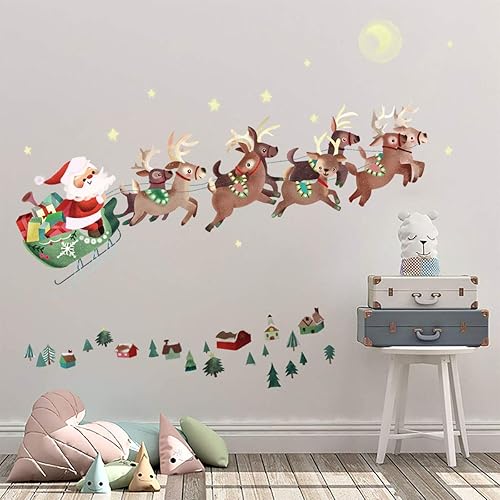 Miniatura 4 de decalmile Calcomanías de pared para ventana de Navidad, acuarela, Papá Noel y reno, calcomanías de pared para habitación de niños, hogar, fiesta,