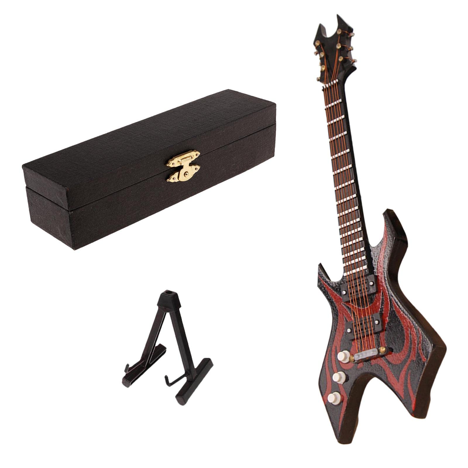 Wmqbjta Modèle de Guitare Électrique 1/6 En Bois Fait Main Accompagné Support Décoration Miniature Instrument Musical Accessoire Mobilier Maison de Poupée Orn, A