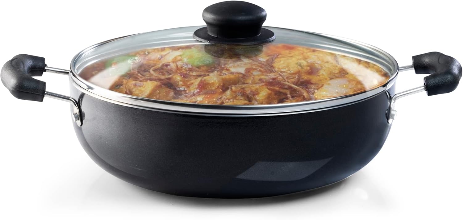 AGARO Elegant Non Stick Kadai with Glass Lid, 2.5 Litre Capacity, 24 Cm Diameter, Induction & Gas Oven Friendly, 3Mm Thick, Riveted Cool Touch Handle, Granite Finish, Cooking, Frying, Cookware, Black