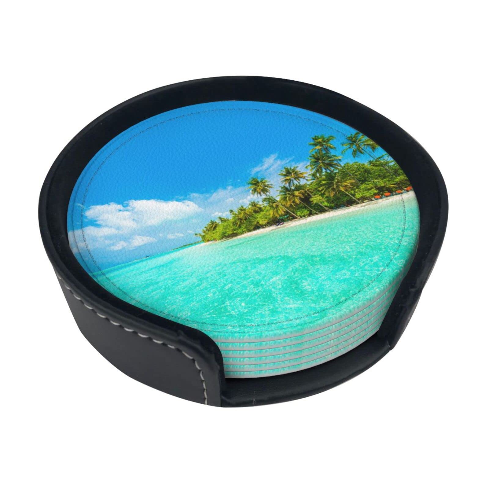 Coasters Set Of 6 Island With Sandy Beach And Palm Tree Print Leather Coasters For Drinks,Home Décor And Housewarming Gift
