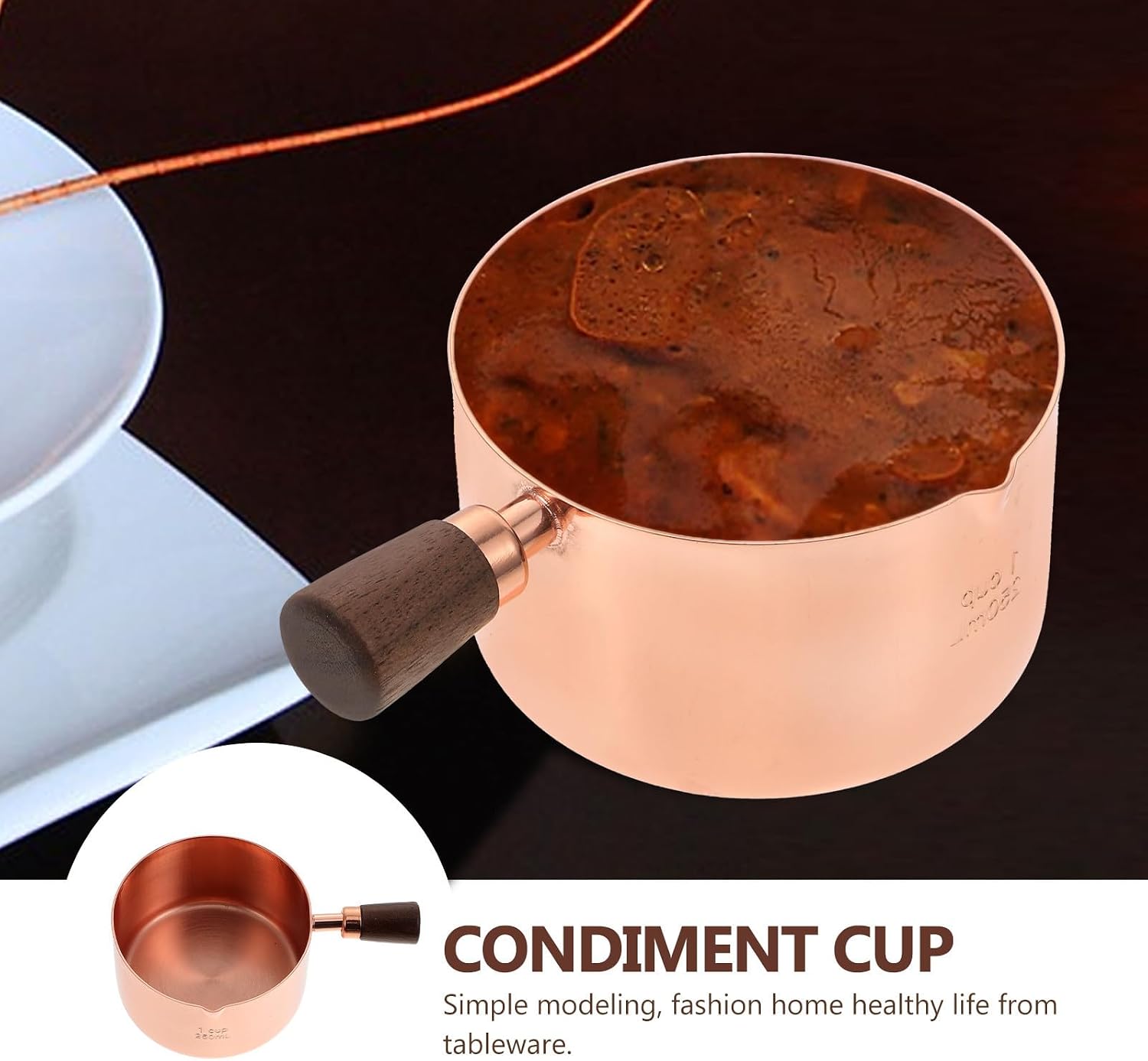 FRCOLOR Golden Stainless Steel Sauce Pot with Wooden Handle, Healthy Tableware and Rust-resistant Food Dipping Cup for Birthday Party and Hot Pot Use