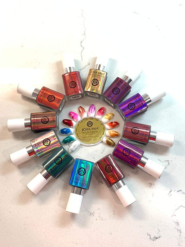Metallic marble ink for nails by Joya Mia Metallic Marble Chrome Ink effect use marbelizer to get marble effect use over top matte or top gloss shiny for different marble effects (MBM-METALLIC-SET)
