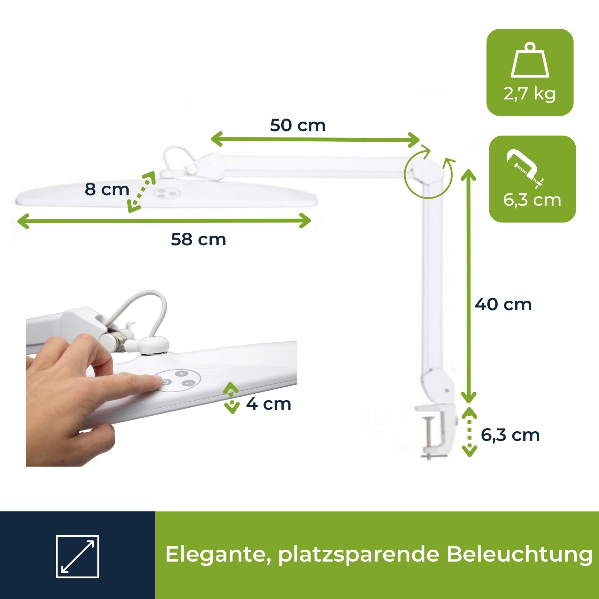 Velleman led schreibtischlampe mit klemme, schwenkarm, dimmbar, 84 leds, 58 cm breit, 21W, 6500K, 2000 lumen, hoher cri, energieeffizient, modernes design, weiß