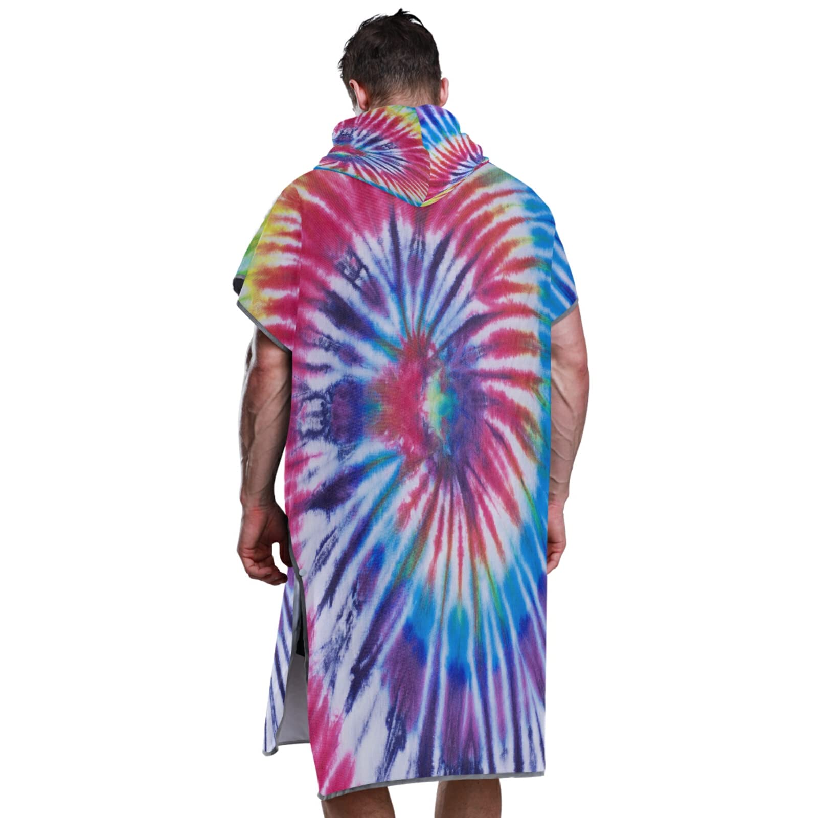 Hippie-Poncho mit Kapuze und Tasche, schnelltrocknender Bademantel, Mikrofaser-Handtuch, Neoprenanzug für Bad, Strand, Outdoor, Regenbogenfarben, Batikfärbung, Gelb, Rosa, Lila, Blau, Hippie-Poncho