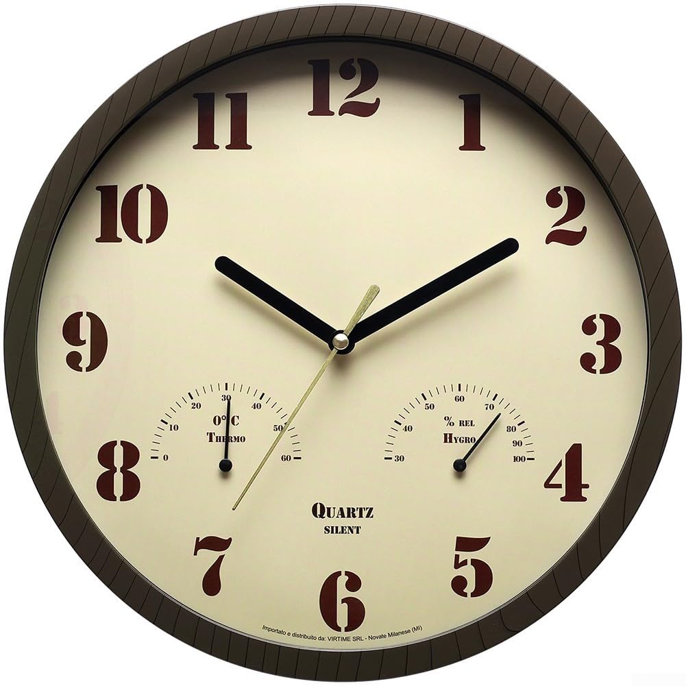 Reloj resistente a la intemperie para patio con termómetro analógico e higrómetro, movimiento de cuarzo silencioso, apto para uso en interiores en cocina o Lanai (marrón oscuro)