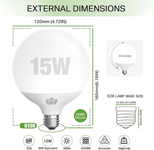 Miniatura 2 de Bombilla LED, bombilla globo G120, bombillas de globo de 15 W, bombilla LED de luz diurna de 5000 K, no regulable, lámpara decorativa grande con